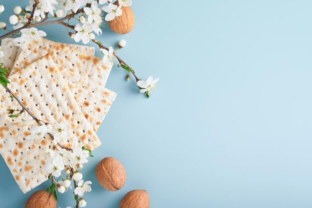 Pesach viering concept Matzah rode koosjere wijn walnoot en lente mooie tak van volle bloei kers of appel Traditioneel Joods brood op lichtblauwe achtergrond Pesach Joodse feestdag