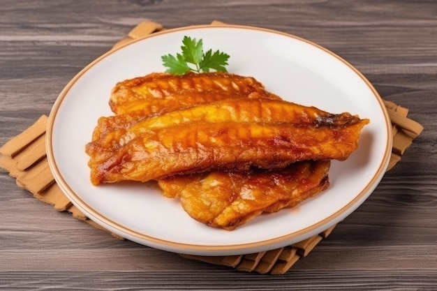 Pescado Frito на белой тарелке, вид сверху, генеративный AI