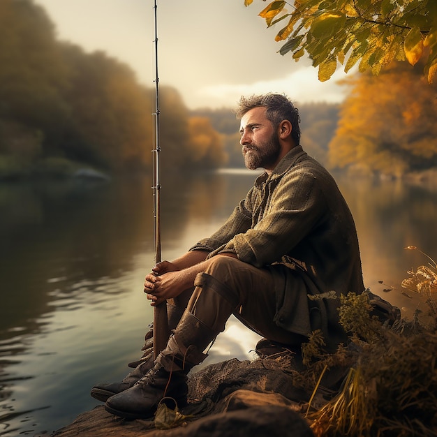 Foto pescador a orillas del rio