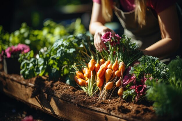 Photo pessoa reaps mature carrots in vegetable garden generative ia