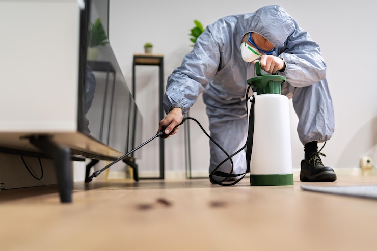 Photo pest control exterminator man spraying termite pesticide