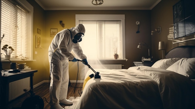 A pest control operative attired with protective clothing dispenses insecticides in a bedroom