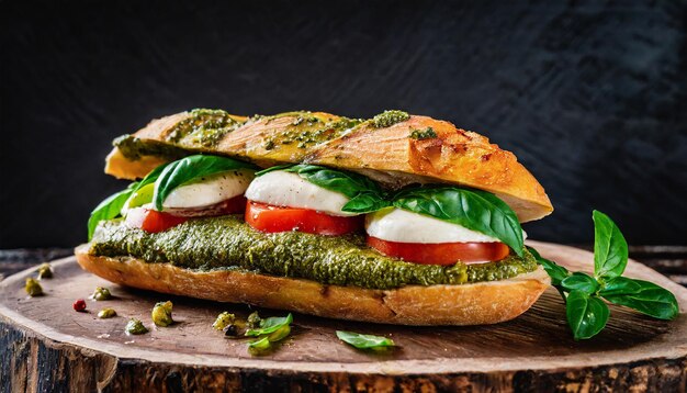 Pesto Caprese sandwich with tomato mozzarella and basil on wooden board Tasty food