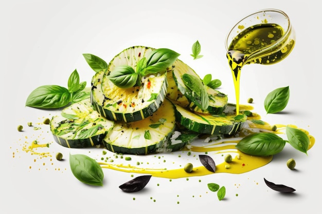 Pesto dressed zucchini slices mint leaves and olive oil for a refreshing summer salad