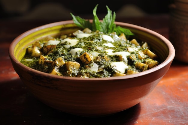 Pesto drizzled over pasta in a ceramic bowl