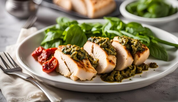 Pesto en gedroogde tomaten gevulde kippenborst