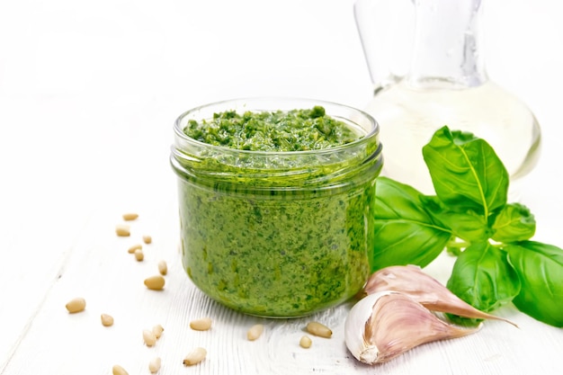 Pesto in jar on light board