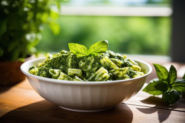 Pesto pasta in een witte schaal geen mensen