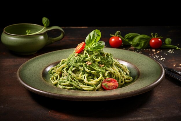 Photo pesto pasta presented in high resolution