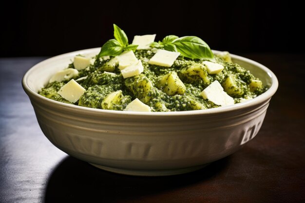 Pesto pasta in a white bowl no people