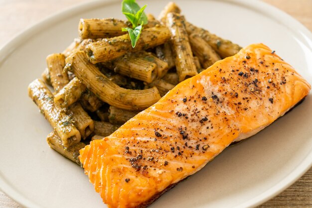 pesto quadrotto penne pasta with grilled salmon fillet steak