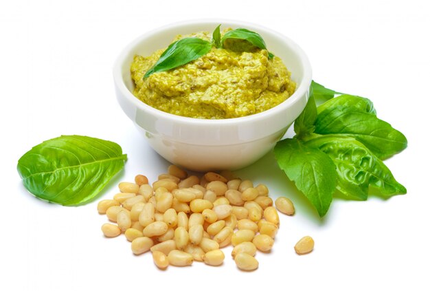 Pesto Sauce with Basil on White table