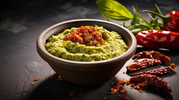 Pesto sauce with sun dried tomatoes in a bowl tradition