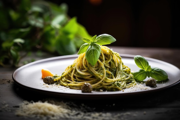 Pesto Spaghetti Green Sauce Basil Pasta Traditional Italian Spaghetti Abstract Generative AI Illustration