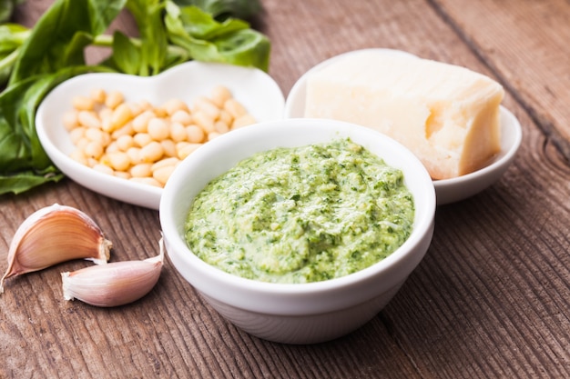 Pesto with green basil, parmesan, pine nuts and garlic