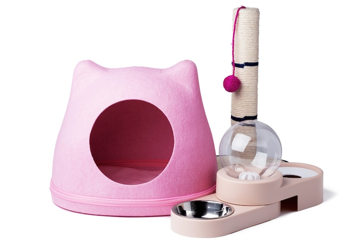 Photo pet acceesories set for cats: house, scratching post and bowl