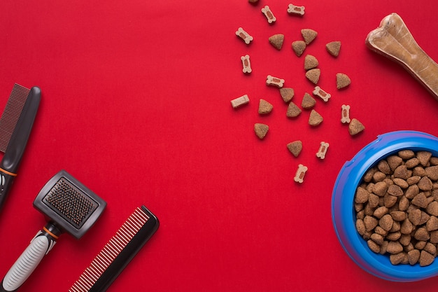 Pet accessories on red background. Top view. Still life. Copy space