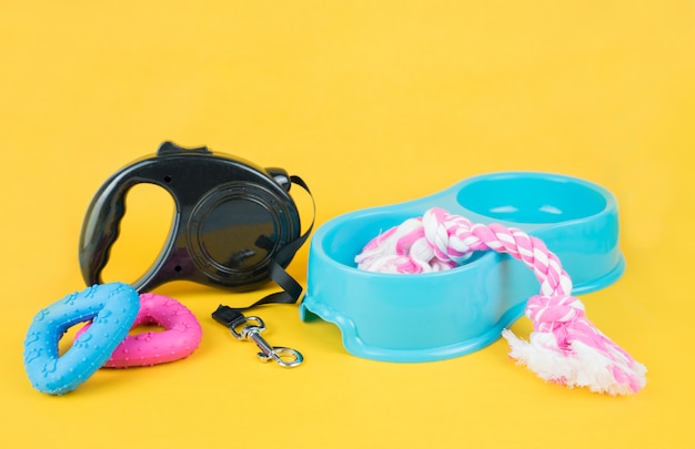 Pet accessories on yellow background.