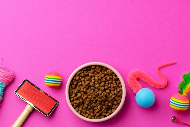 Pet bowl with dry food and toys on color background studio shot