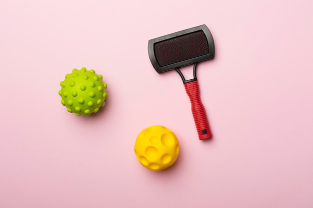 Pet brush and ball toys on color background