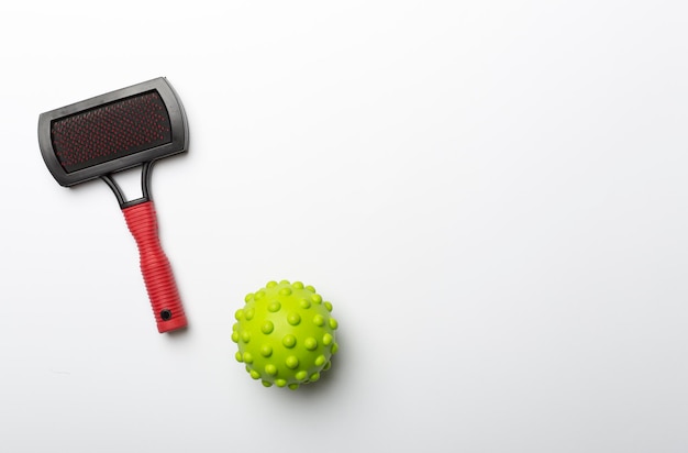 Pet brush and ball toys on white background