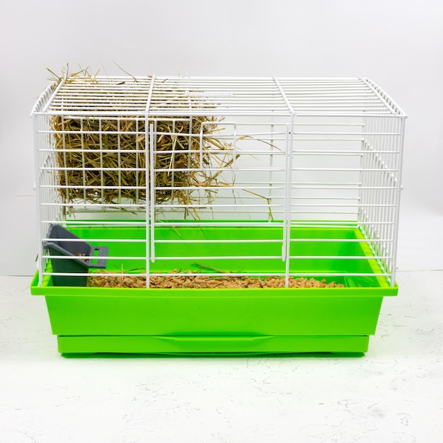 Pet cage with green pallet of shavings sawdust feed hay and hay Keeping pets in cages Side view