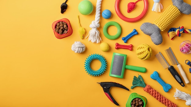 Pet care concept various pet accessories and tools on yellow background flat lay