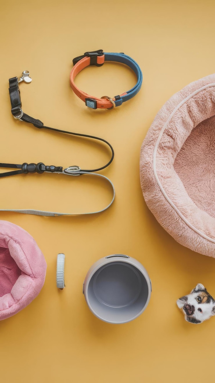 Photo pet care concept various pet accessories on yellow background flat lay