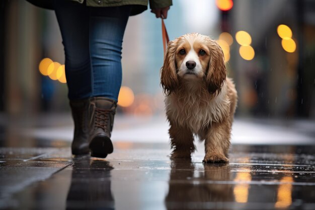 Pet care dog walking with unrecognizable owner in city street crosswalk in rainy day AI Generated