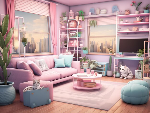 Foto pet care game room meisjes met huisdieraccessoires dierlijke thema illustratie trending achtergrond decor.