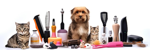 Foto set di cura per animali domestici brush nail cuttershampoo