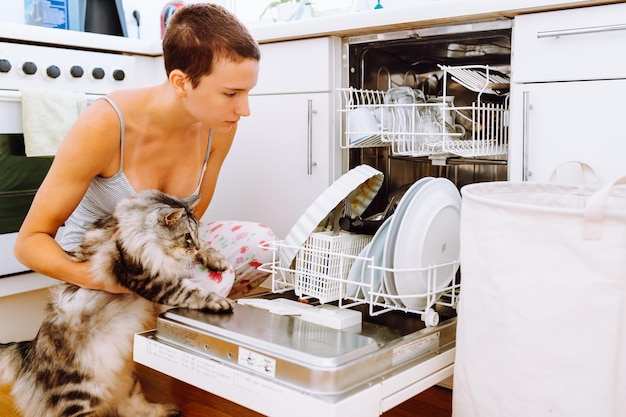 Pet cat and daughter doing housework put dishes in dishwasher