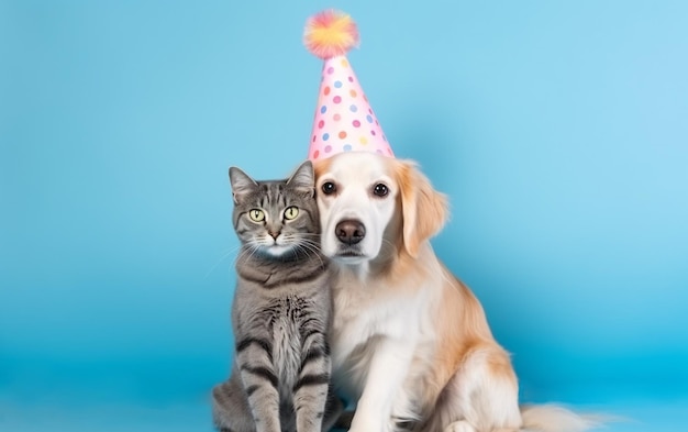 Pet cat and dog in a birthday cap wearing a hat on a blue background generative ai