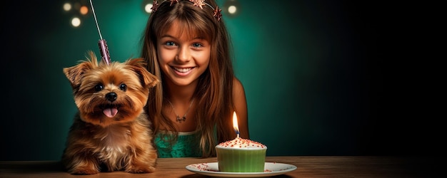 Pet Celebrations A girl and her dog celebration a birthday AI generative