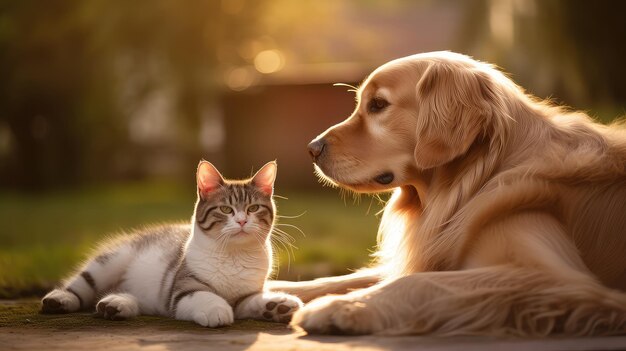 ペットの犬と猫が外にいる