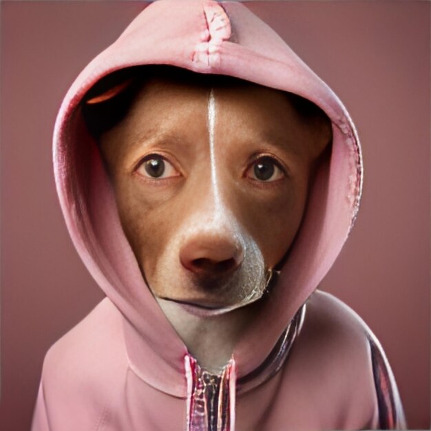 Photo pet dog 'huggy dog' in pink hoodie with dipped toes isolated on pink