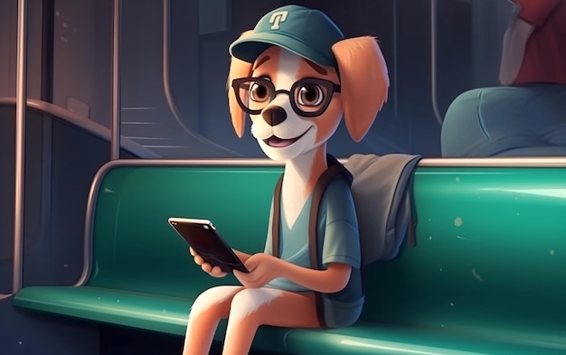 Foto il cane da compagnia corre in un vagone della metropolitana utilizzando un telefono cellulare seduto su un sedile con gli occhiali e un cappello generat