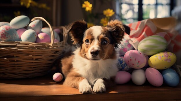 Photo a pet dog with bunny ears sitting next to a basket of easter eggs