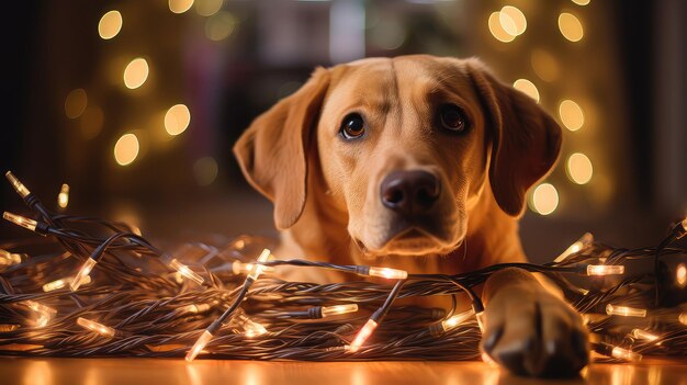 Photo pet dog with christmas lights