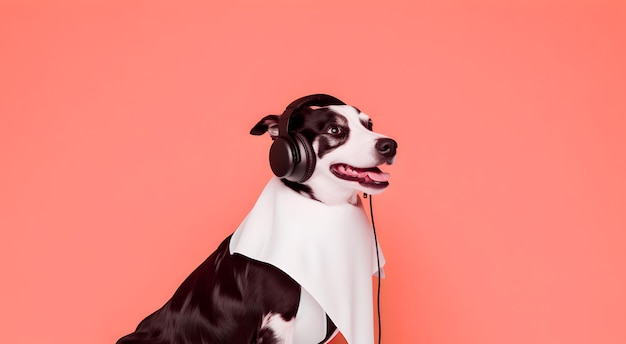 ヘッドフォンとファッショナブルな服装をした愛犬 AI 生成画像