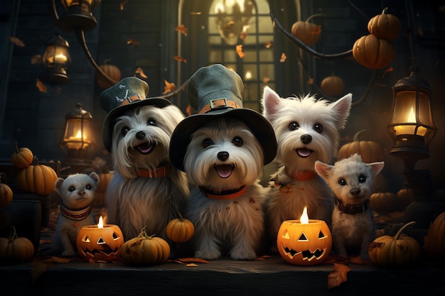 Домашние собаки в причудливых костюмах на Хэллоуин, созданные с помощью генеративного искусственного интеллекта