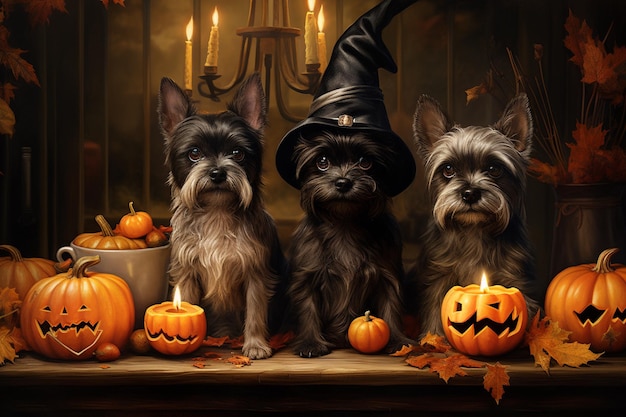 Pet Dogs in Whimsical Halloween Costumes Created with Generative AI