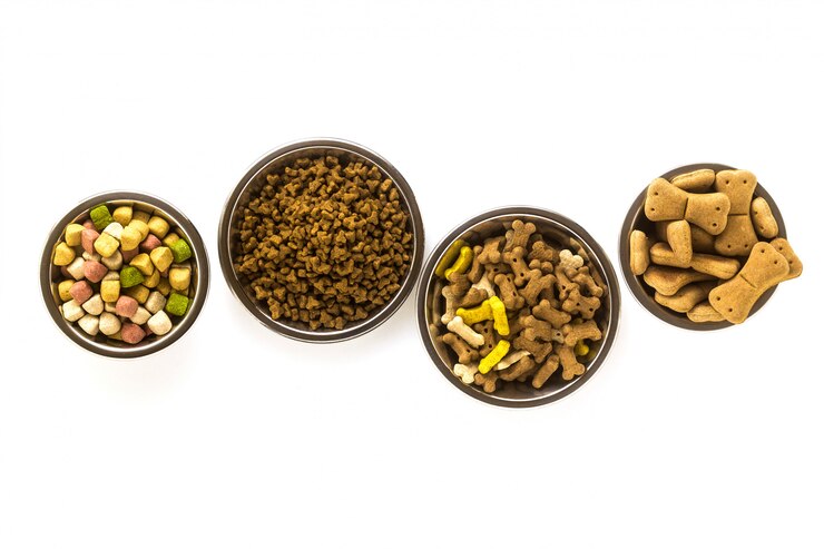 Pet food in bowls and toys isolated on white background