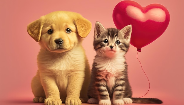 ペットの友達の背景に子犬と子猫、赤いハート型の風船