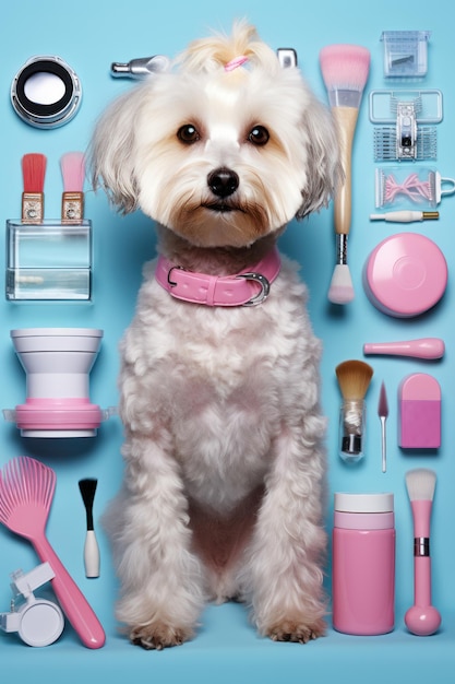 Pet grooming salon concept with dog and beauty tools background