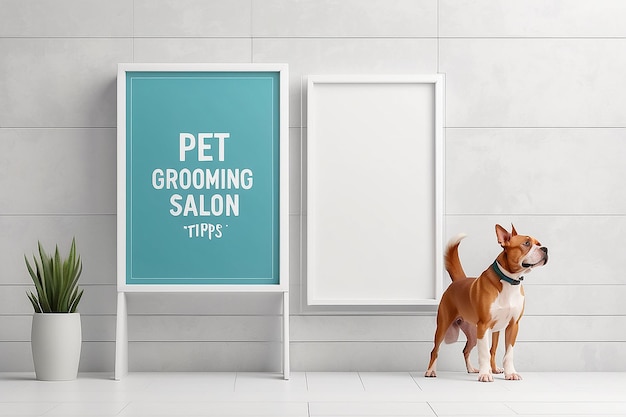 Photo pet grooming salon pet care tips signage mockup with blank white empty space for placing your design