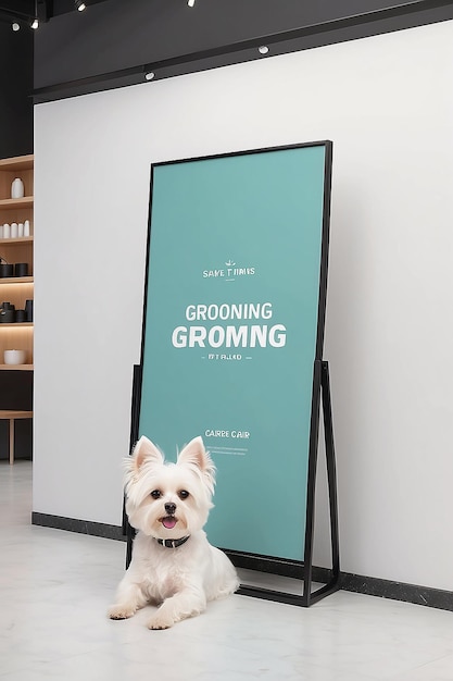 Photo pet grooming salon pet care tips signage mockup with blank white empty space for placing your design