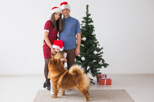 Pet, holidays and festive concept - Family with dog are standing near christmas tree.