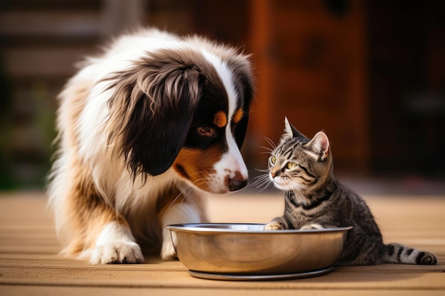 Pet Mealtime Dog and Cat Enjoying Natural Food