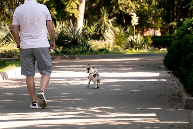 A pet owner walking with pet in the outdoors
